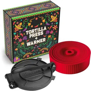 Cast Iron Tortilla Press 8 Inch with Tortilla Warmer - Bundle of Pre-seasoned Quesadilla, Roti and Pataconera Maker With Taco Shell Warmer including 100 count  Paper