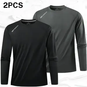 Two piece men's long sleeve top with front and back letter print, quick dry fabric. Casual sporty style, snug fit for mild weather. Quick dry fabric breathes and wicks away sweat, providing a comfortable and non restrictive fit. Suitable for men who enjoy