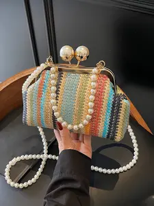 Hand-woven pearl chain handbag, vintage exquisite mobile phone bag, fashionable mini evening bag, niche design rainbow color, small and light, suitable for shopping and dating, afternoon tea photo shooting, dinner events, etc.