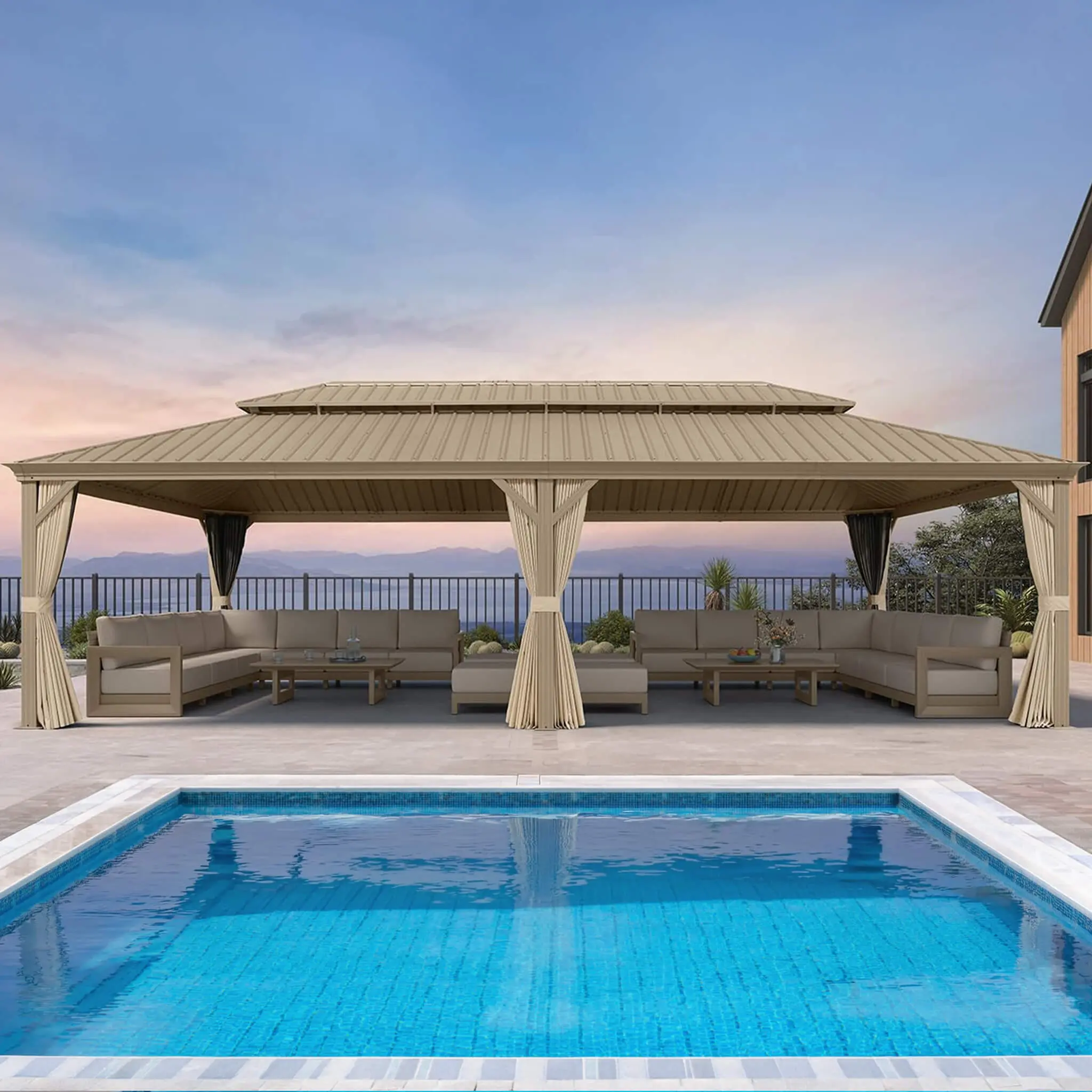 [14X28FT] Alora Extra-Large Hardtop Gazebo With Galvanized Steel Double Roof, Curtains And Netting (SAK85731)