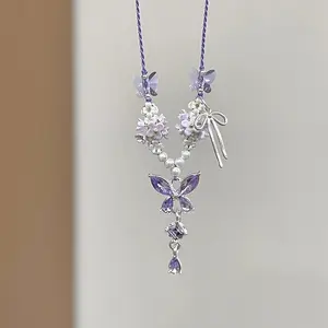 Women's cool purple butterfly tassel necklace national trend braided personality simple clavicle necklace