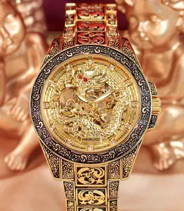 Luxury Dragon Skeleton Watch for Men Golden Automatic Mechanical Timepiece Diamond Markers Waterproof Business Watch Jewelry