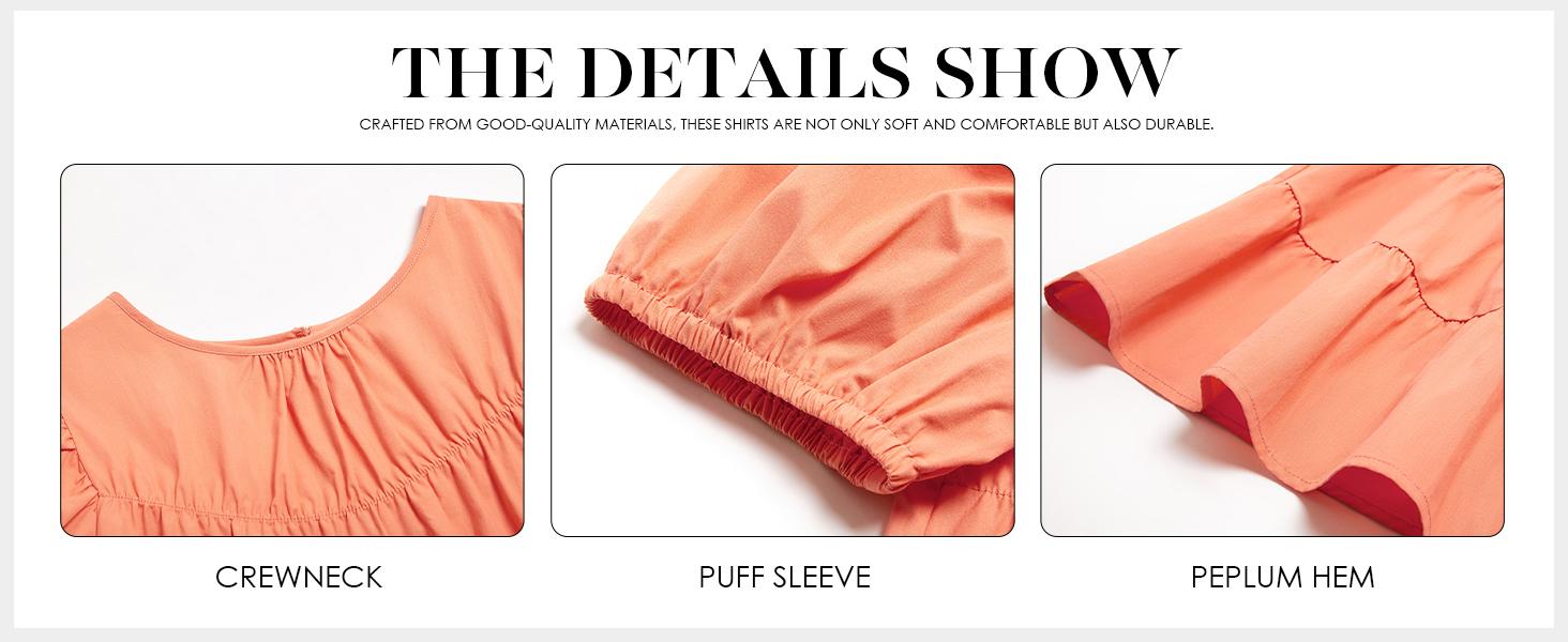 Tankaneo Womens Puff Sleeve Peplum Babydoll Tops Summer Smoked Pleated Cotton T-Shirts Casual Loose Fit Flowy Blouse