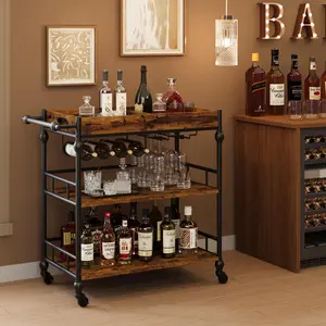 Garvee 3 Tier Rolling Bar Cart with Wine Rack and Glasses Holder, Industrial Style Serving Cart with Removable Tray for Kitchen, Living Room, Dining Room - Rustic Brown Finish