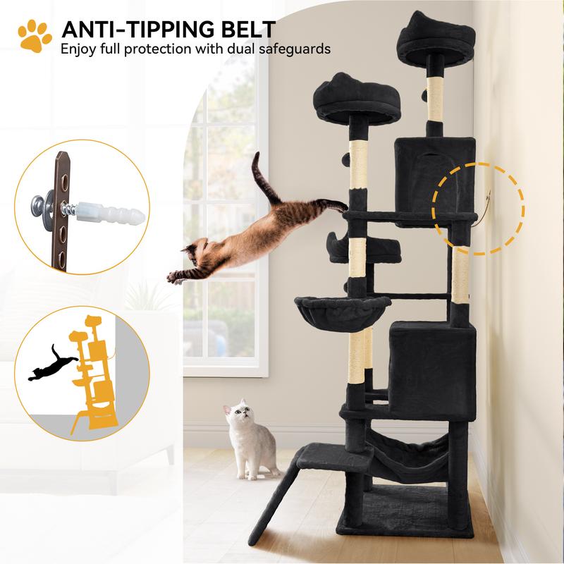 DWVO Tall Cat Tree Tower for Indoor Cats, 75in Multi-Level Cat Climbing Tower with Cat Condos, Top Perches, Hammock, Sisal Scratching Posts and Board, Kittens Play Activity Center