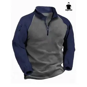 ??Plus Size?? Colorblock Raglan Sleeve Zip Up Sweatshirt, Casual Long Sleeve Mock Neck Pullover for Fall & Winter, Men's Clothes for Daily Wear