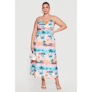 Plus Size Tropical Island Print Cami Maxi Dress