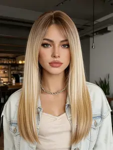 24-Inch Long Straight Blonde Ombre with Dark Roots Synthetic Wig, Fashionable Versatile heat-resistant Synthetic Wig for Daily Use/Parties, Natural and Comfortable