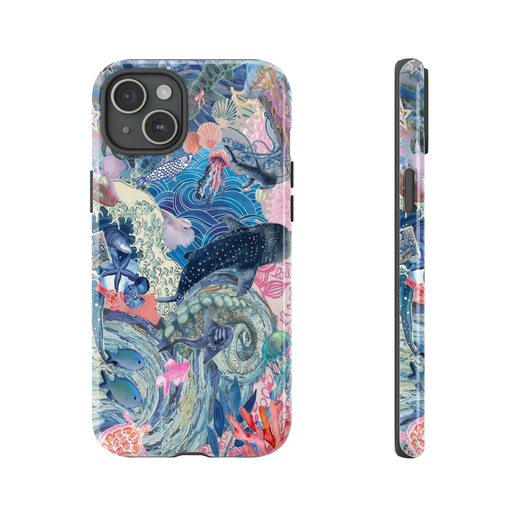 Shockproof Polycarbonate Smartphone Cellphone Casing - Ocean Wonderland Deep Sea Creatures Dreamy Blue Collage - Underwater Aesthetic Accessory for Samsung Galaxy 23/24/25 5G, iPhone 17 ProMax/16 Plus/15 ProMax/14/13/12 Devices with Screen Protector, Prot