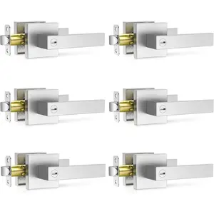 6 Pack Brushed Nickel Door Handle, Heavy Duty Interior Door Knobs, Flat Square Privacy Door Levers, Keyless Door Lockset for Bedroom and Bathroom