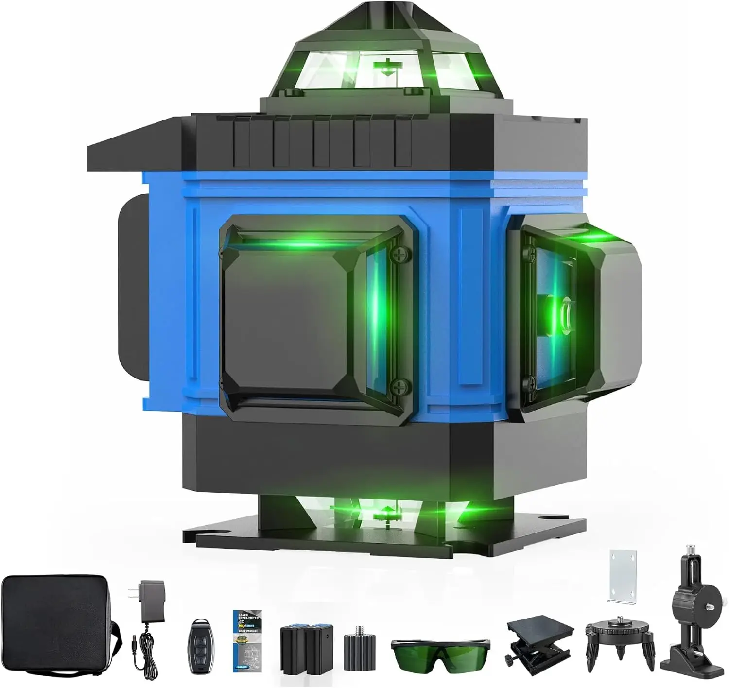 16 Line 4D Green Laser Level 360 Degree Self Leveling Cross Line Laser Level Tool Kit, Remote Control, Lifting Base, Mini Tripod, Wall Bracket, Lithium Batteries for Tile Installation Construction Work