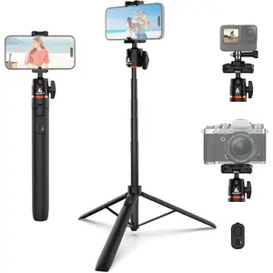 60" Extendable Travel Tripod & Selfie Stick with Cold Shoe &  Remote, 360? Ball  for Vlogging - Lightweight Phone Tripod for