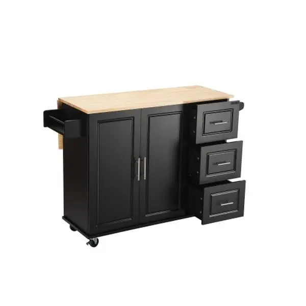 Sturdy Mobile Rolling Kitchen Island Cart with Rubber Wood Countertop, Extendable Drop Leaf, Castor Base with Lockable Wheels, Inside Adjustable Shelves Cabinet, 3 Large Storage Drawers, Built-In Spice Rack & Towel Holder, Black, Large Space, Rolling Cart