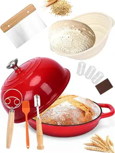 Elf Grill Dutch Oven Bread Baking- 5QT Enamel cast iron Oven with Sourdough Bread-Baking Supplies like Bread Proofing Basket, Scoring Lame, Dough Whisk for Sour dough, Bread-making Red