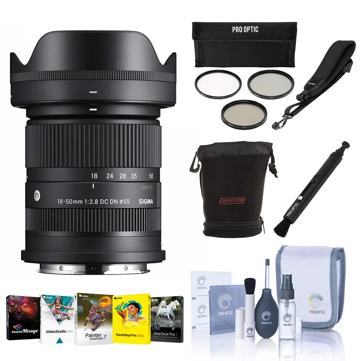 Sigma 18-50mm f/2.8 DC DN Contemporary Lens for L Mount, Bundle with ProOptic 55mm Filter Kit, Lens Cleaner, Lens Wrap, NS-3 Sling Strap, Cleaning Kit, PC Software Kit