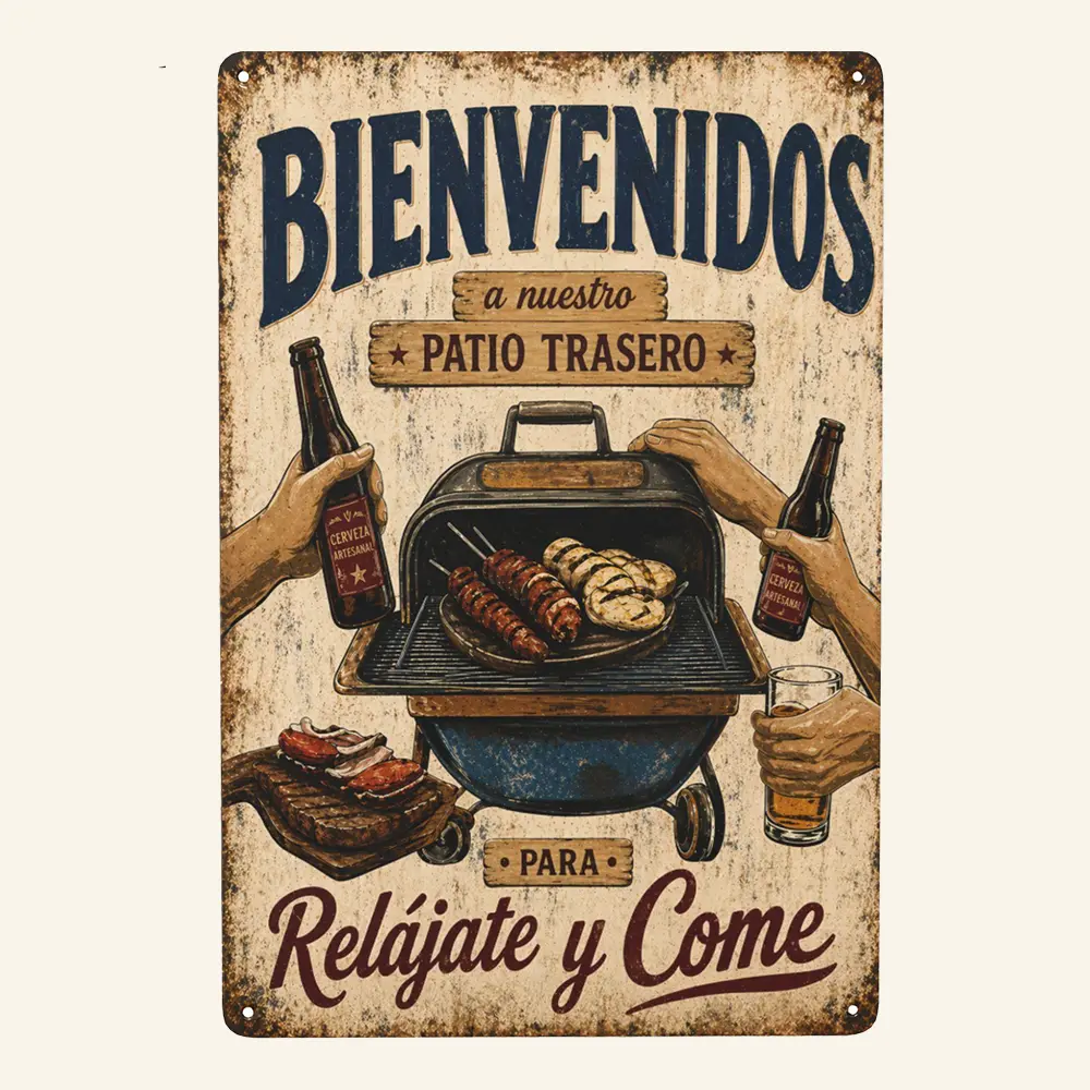 1PC Industrial Retro Iron Tin Patio Sign, Spanish "Bienvenidos a Nuestro Patio Trasero - Relájate y Come" Wall Art, 8x12in/20x30cm Waterproof Home Decor Gift for Backyard BBQ Lovers