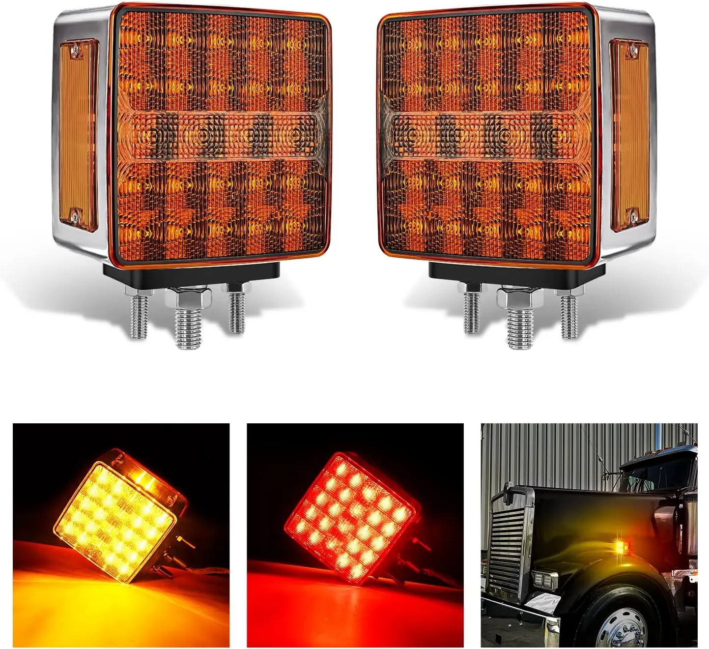 Nilight 2PCS Heavy-Duty Square Double-Face Fender Pedestal Lights, 52LED 12V/24V Amber Red Braking/Turning Marker Tail Lights with 3-Stud Mount Abs for Visibility Boost on Mack, Kenworth Tractors, Vehicle Accessories