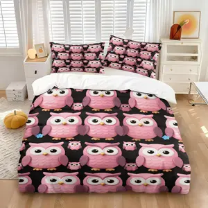 Cute Style Printed Comforter Set, Including Comforter Set and 1/2 Coreless Pillowcase, Cartoon Owl Pattern In Pink and Purple Hues , Children and Teenagers Gifts, Soft and Comfortable Bedroom Bedding