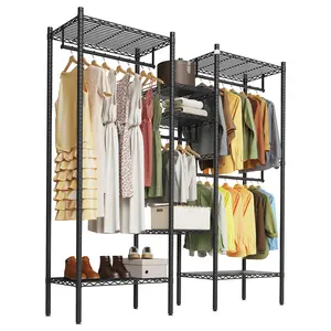 Metal  Clothing Rack Organizer – Freestanding Wardrobe Storage Shelf with Adjustable Shelves & Hanging Rods – 700–1000LB Capacity for Closet, Garment or Dorm – Portable Steel Clothing Rack, Black, 3 Sizes