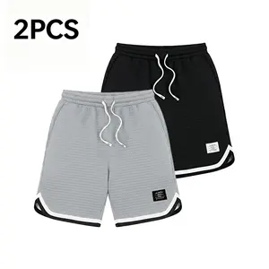 2-pack men’s waffle knit shorts — elastic drawstring waist, casual summer shorts made from breathable, soft fabric; solid color, versatile design; loose fit; gray; tropical-style menswear; plus-size shorts