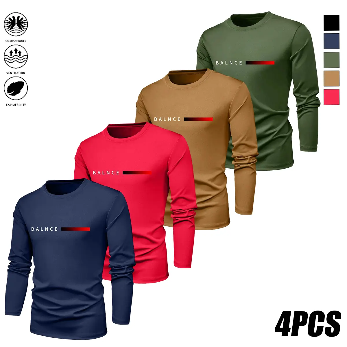 4-pack men’s quick-dry T-shirts featuring minimalist letter prints paired with geometric pattern designs; long-sleeve summer men’s T-shirts; casual streetwear; breathable and comfortable for fitness; casual summer T-shirts; casual, comfortable tops for sp