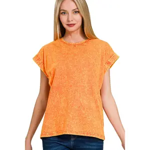 Women's Vintage Stretchy Cotton Short-Sleeve Crinkle Washed Round Neck Folded T-Shirt - Everyday Fit Casual Top, Stretchy Women's T-Shirts