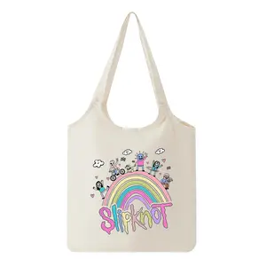 Rainbow and Happy Cartoon Characters Canvas Tote Bag Slipknot Inspired Print EcoFriendly Reusable Shopping Bag for Daily Use Travel Beach Outing Gift Idea for Music Festival Lovers Perfect Birthday Christmas Valentine's