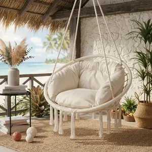 Macrame Hanging Hammock Chair with Large Padded Cushion, 350lbs Heavy Duty Swing Chair for Adults & Teens, Comfort Hanging Seat for Porch, Bedroom, Indoor Outdoor Relax, Reading & Napping