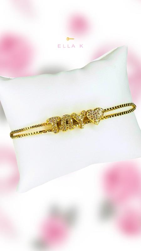 Mini Custom Bubble Letter Name Bracelet  / Micro Pavé Zircon Bubble Letter Adjustable Box Chain Bracelet / Mini Bubble Letter Slide Name Bracelet