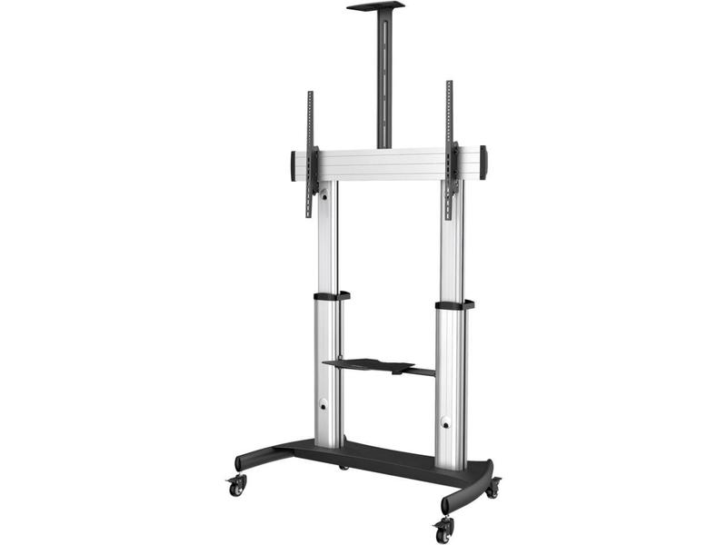 StarTech Durable Rolling TV Stand - Sturdy Aluminium Steel Freestanding, Height Adjust, 60-100 in. Displays, 86.42 lbs Capacity, TV Shelf, Black & Silver, Modern Living Room, Wall Brackets Compatible