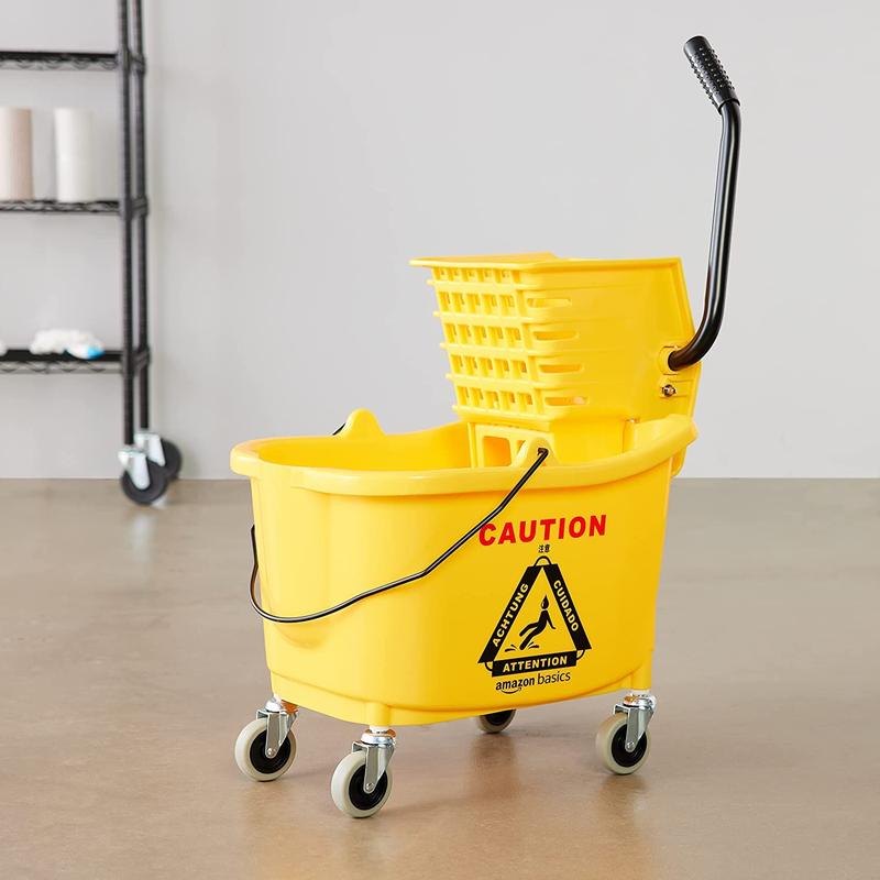 Side Press Wringer Combo Commercial Floor Cleaning Rectangular Mop Bucket on Wheels, 35-Quart, Yellow