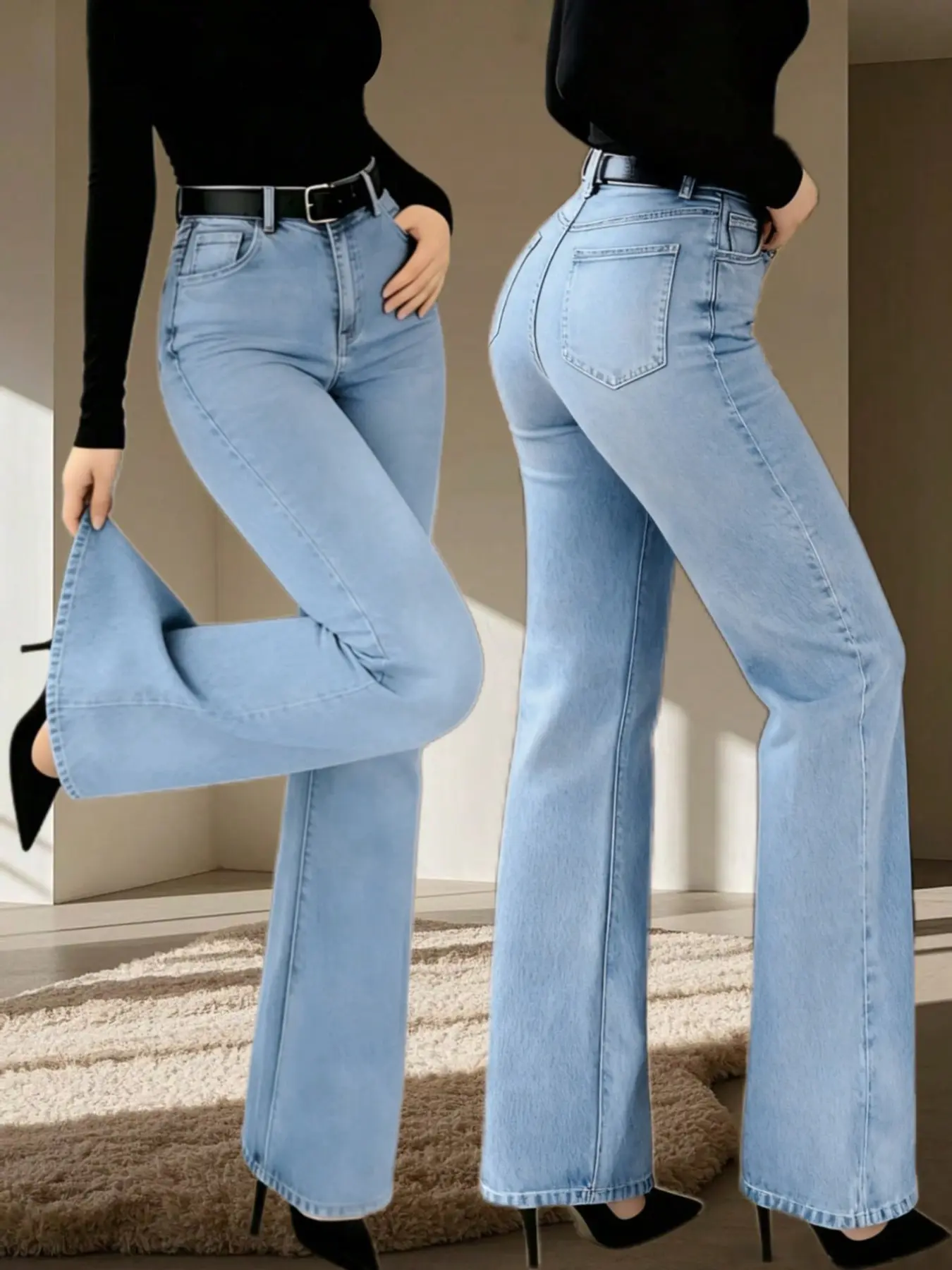 Women's High-Waisted Slim Fit Straight Leg Jeans, Casual Fashionable Light Wash Denim Jeans Pants for Spring & Summer, Comfortable Mid Waist Design, Womenswear, Jean Pants Bottoms
