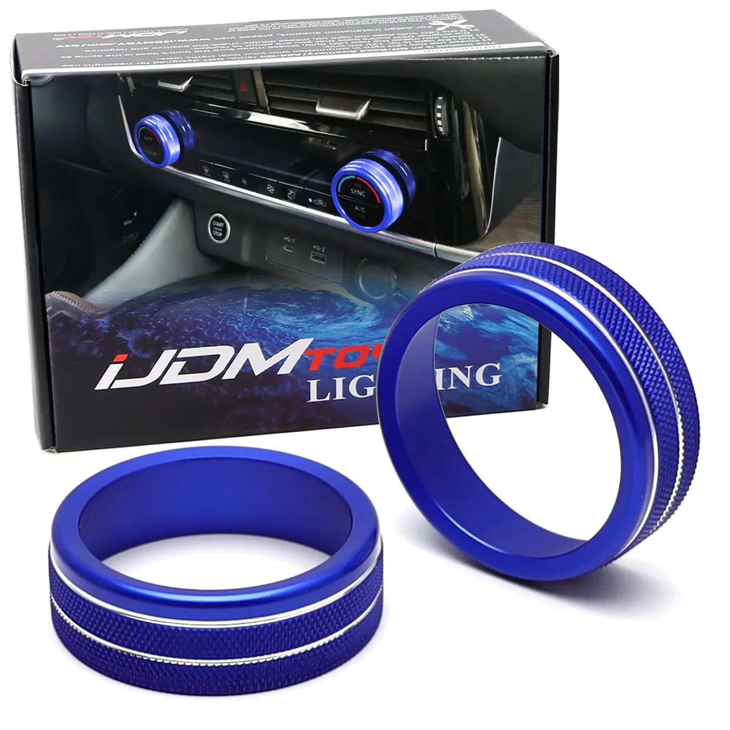 iJDMTOY 2pcs Sports Blue Anodized Aluminum Center Dashboard AC Climate Control Switch Cover Rings, For Nissan 2021-2023 Rogue/X-Trail