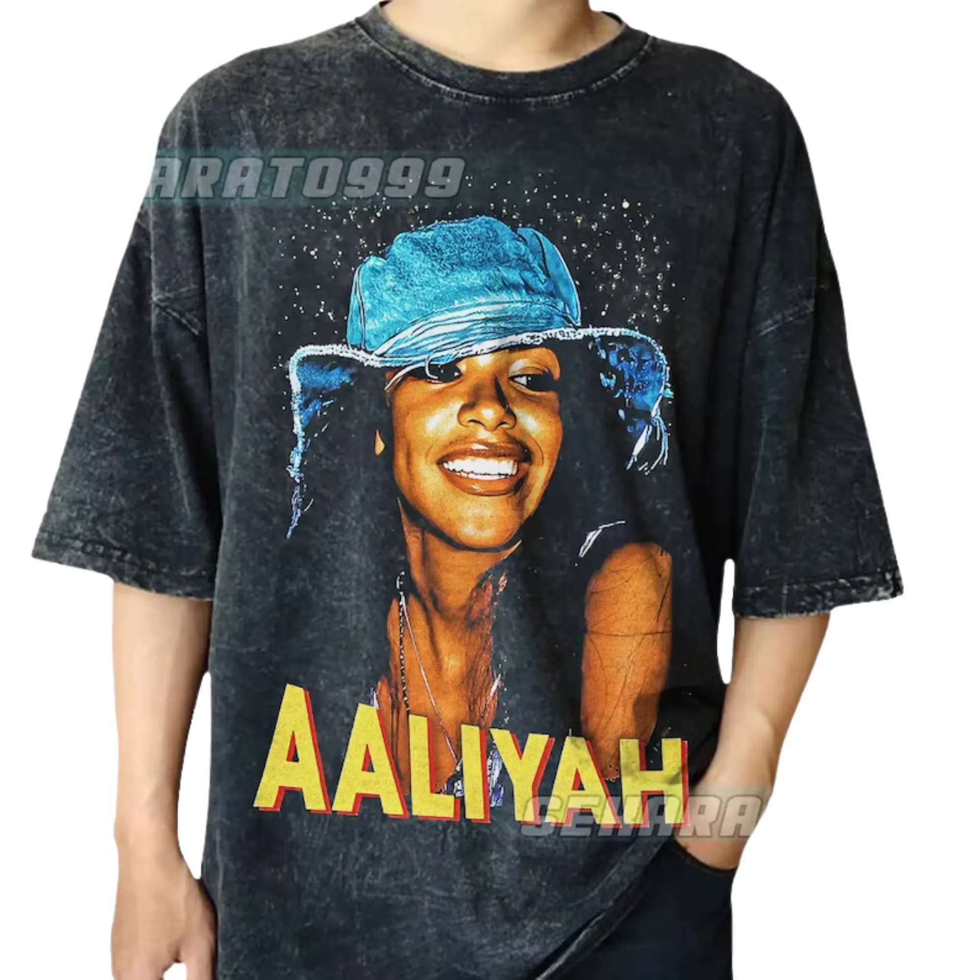Aaliyah Men's Round Neck Short-Sleeve Casual Streetwear Graphic T-Shirt - Vintage 90s RnB Queen Music Artist Large Print Rap Hiphop Top, Tshirt, Menswear, Lightweight, All Seasons, Cotton, Crew Neck