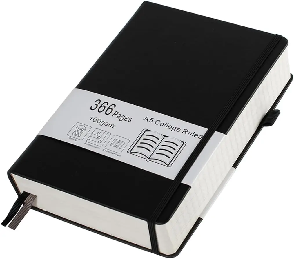 Thick College Ruled Notebook with 366 Numbered Pages, A5 Journals for Writing with 100GSM Lined Paper, Hardcover Leather Notebooks for Women Men School Note Taking Office Work Diary, 5.7"x8.3" Black