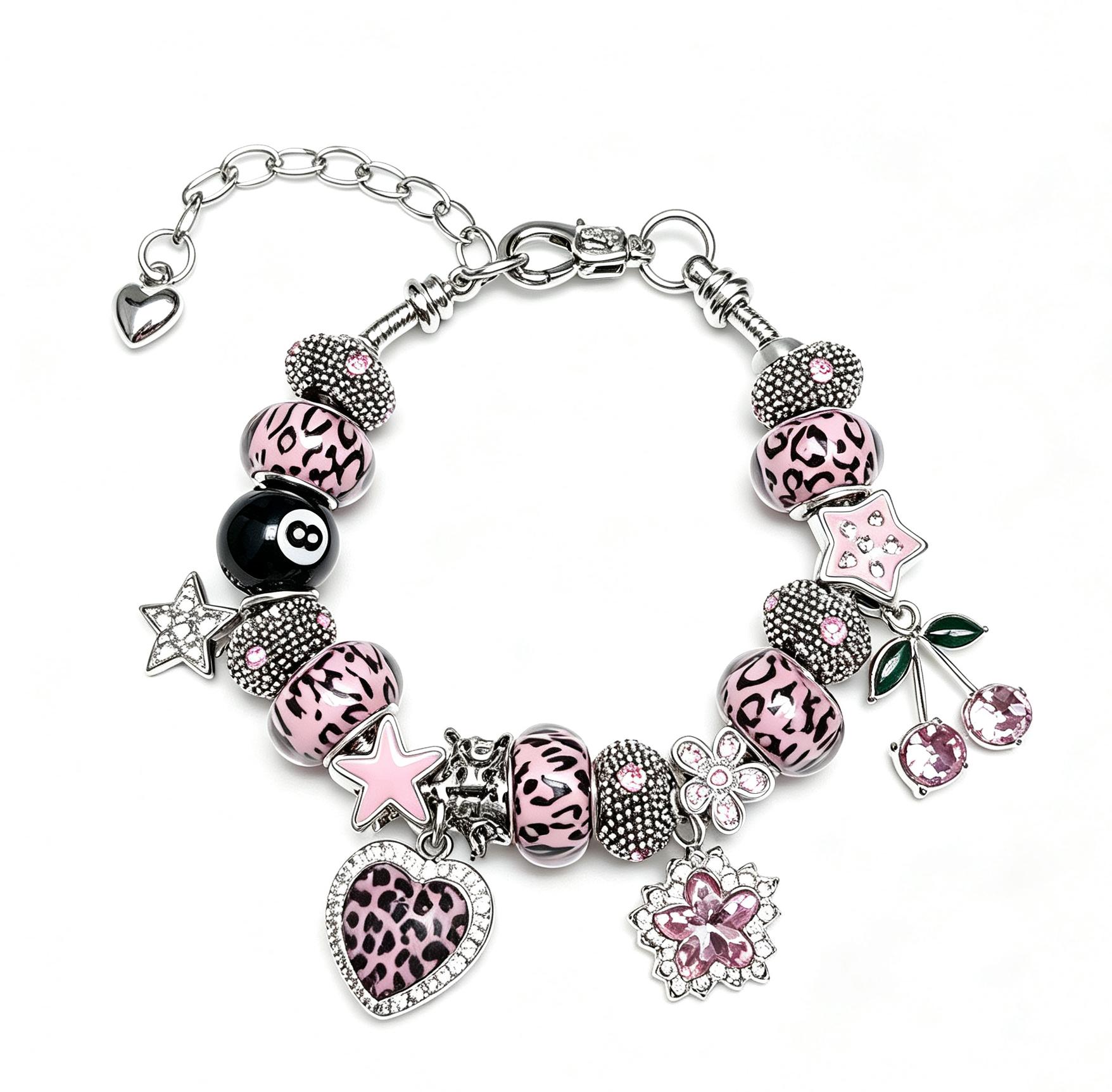 Viral Leopard Charm Bracelet (Pink/Blue) – 8-Ball, Cherry & Heart Pendants | Adjustable Silver Chain Gift for Her