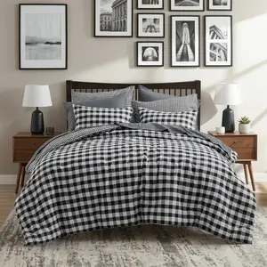 Reversible Check Plaid Microfiber Comforter Set, Vintage Gingham Bedding, All Season Bed In A Bag