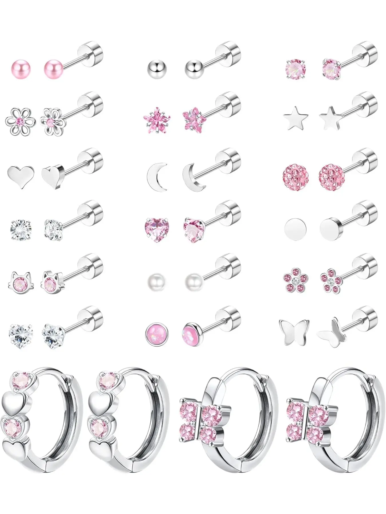 Screw Back Earrings Stud for Women Surgical Steel Hypoallergenic Cartilage Stud Earrings Tiny Opal CZ Cubic Zirconia Screwback Flat Back Stud Earrings Cute Heart Hoop Earrings Set 20G Over 3 Years Old Butterfly Earrings Stud Earring Jewelry