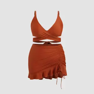 Cider V-neck Solid Criss Cross Cheeky Bikini Set With Drawstring Cover Up Skirt Curve & Plus SwimWeek