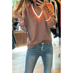 Contrast Striped Trim V Neck Varsity Sweater