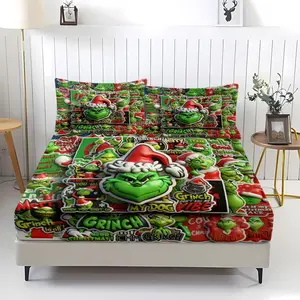 Christmas Green Haired Monster Grinch Pattern Printed Bed Sheet, including 1 bed sheet and 2 pillowcases, comfortable bedding, anti slip dust cover suitable for children's bedroom Christmas decoration