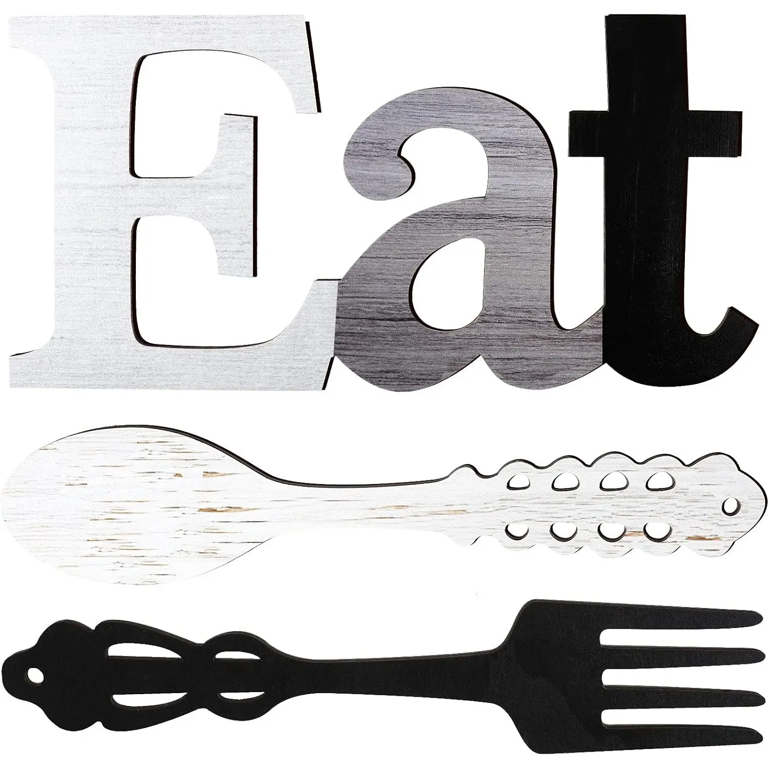 3Pcs Rustic Wood "Eat" Letter Wall Sign Set Bundle - Home Decor Products with Fork, Spoon, Hook, 35x17cm Hangable Kitchen Decorative Plaque, Home Improvement Wall Accessory
