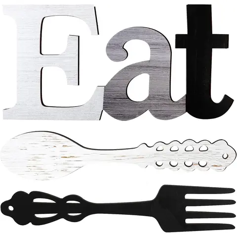 Rustic Wooden 3-Piece "Eat" Letter Wall Sign Set, Fade-Resistant Dye & Rust-Resist Wood Kitchen Decor Plaque (35x17cm) with Fork, Spoon, Hook, Easy-Hang Home Decor Products for Apartments