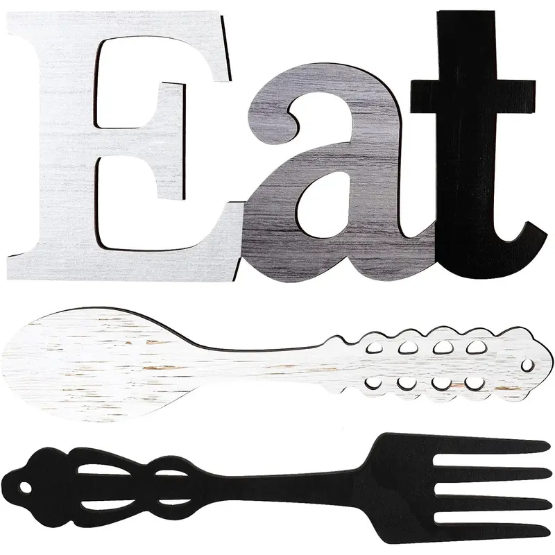 Rustic Wooden 3-Piece "Eat" Letter Wall Sign Set, Fade-Resistant Dye & Rust-Resist Wood Kitchen Decor Plaque (35x17cm) with Fork, Spoon, Hook, Easy-Hang Home Decor Products for Apartments