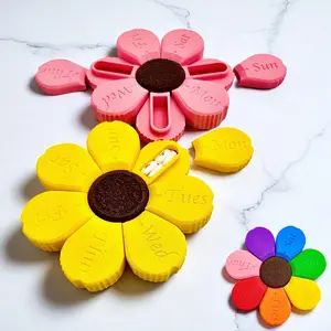 Flower Pill Organizer 7 Day Weekly Pill Box Storage Case with Removable Sliding Lid & Petals Snap Locking Lids Engraved Days of the Week Portable Travel Medication Container