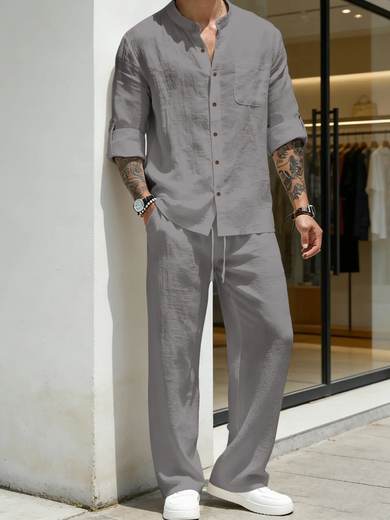 Men's Linen Stand Collar Long Sleeve Button Shirt & Straight Leg Belted Pants Set, Casual Business Leisure Style, Fashionable Men's Clothing