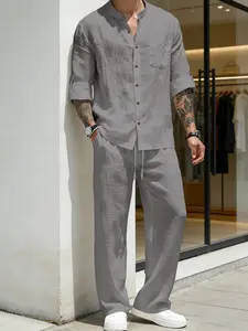 Men's Linen Plain Stand Collar Long Sleeve Button Shirt & Straight Leg Belted Pants Set, Linen Sets, Casual Business Leisure Style, Fashionable Men's Clothing