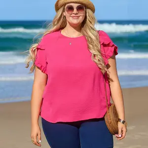 Bright Pink Ruffled Short Sleeve Plus Size Top