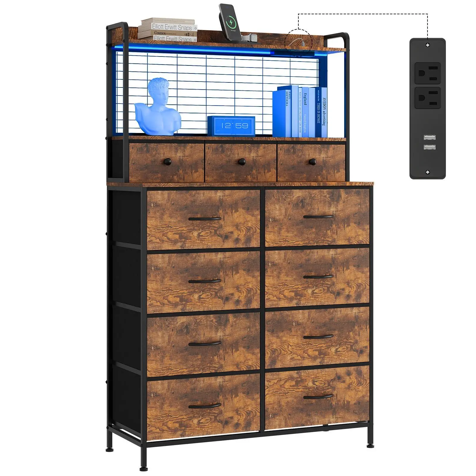 GARVEE Brown Wood Grain Industrial Smart Dresser with 11 Fabric Storage Drawers, Built-in Wireless Charging Station & App-Controlled RGB LED Lighting - Anti-Tipping Organizer for Bedroom, Closet
