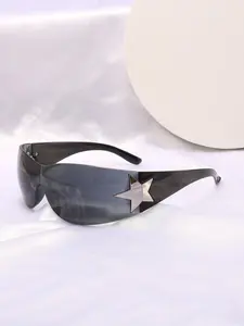 Star Decor Rimless Wrap Around Sunglasses, Street Style Sunglasses for Men & Women, Fashion Sunglasses for Outdoor Activities, Trendy Styling Sunglasses